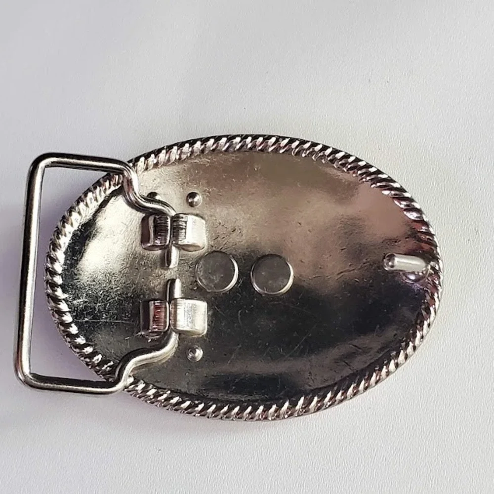 Western Bull Rider Belt Buckle Silver Gold Tone Engraved Filigree Rope Edge Oval